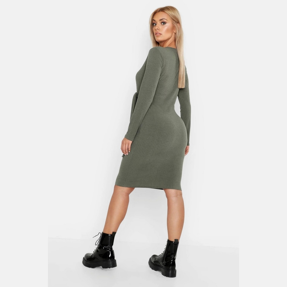 NWT KHAKI Boohoo Plus Rib Long Sleeve Midi Dress